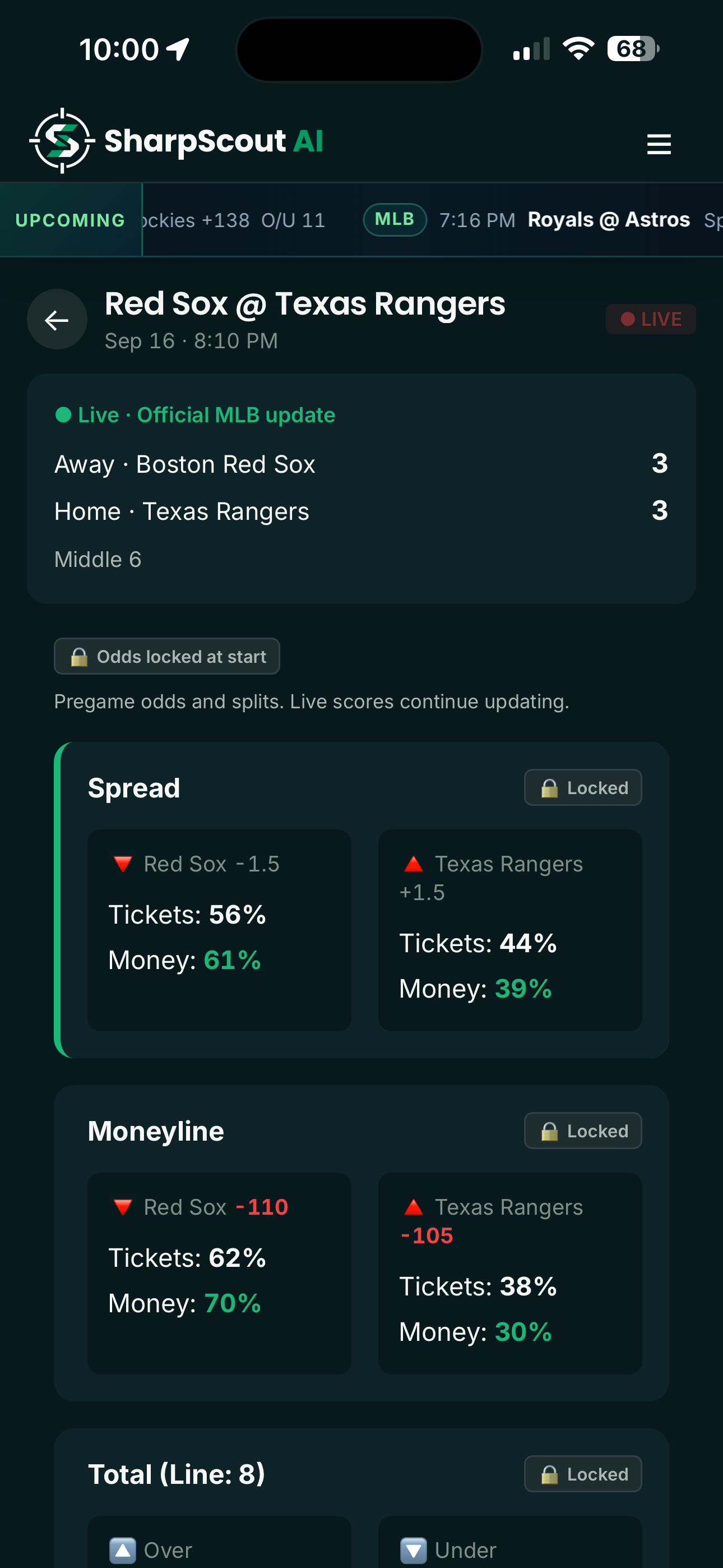 Red Sox at Texas Rangers matchup with live score and pregame ticket and money splits locked at game start.